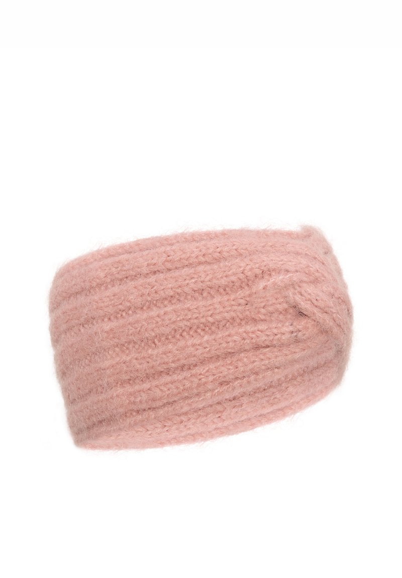 Rosa gestricktes Stirnband aus weichem Garn, mit gerippter Textur und einem gedrehten Design an der Vorderseite für zusätzliche Details.