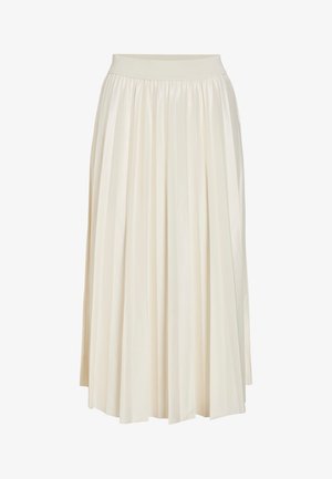 Plissee-Midikleid in Creme, mit elastischem Bund und glatter Textur. Das Design zeigt vertikale Falten für zusätzliches Volumen.