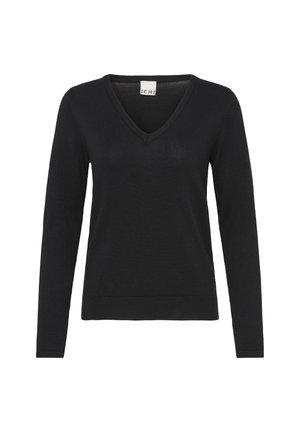 Mustast värvist V-kaelusega, pikad varrukad, kootud tekstuuriga ja lõdvalt istuv must kampsun. Detailidena soonikkoes mansetid ja alläär.