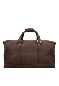 Brown leather duffle bag with double handles and brass hardware, designed for travel or weekend use, shown against a white background.