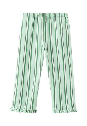 Pantalon vert clair avec des rayures verticales vert foncé et blanc, taille élastique et ourlets froncés aux chevilles.