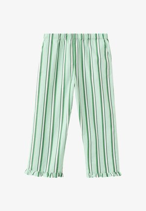 Pantalon vert clair avec des rayures verticales vert foncé et blanc, taille élastique et ourlets froncés aux chevilles.