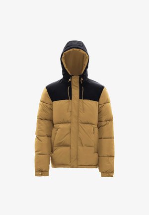 Giacca a vento con cappuccio nero e parte superiore nera, caratterizzata da una parte inferiore color sabbia. Due tasche laterali con zip e chiusura con cordino.