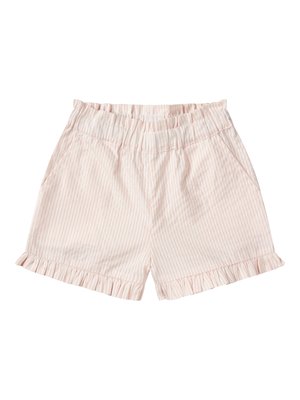 Hellrosa-weiße, gestreifte Shorts mit elastischem Bund, seitlichen Taschen und Rüschensaum.