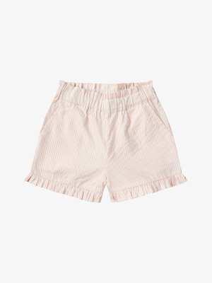 Shorts à taille élastique rayés rose clair et blanc avec poches latérales et ourlets à volants.