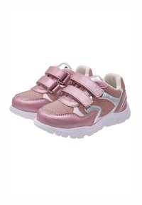 Rosa Sport Schuhe aus Mesh-Material, mit zwei Klettverschlüssen, glänzenden silbernen Akzenten und einer strukturierten Sohle. Entworfen für Komfort und Unterstützung.