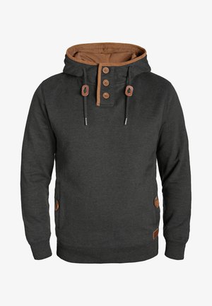 Dark gray hoodie with a tan-lined hood, three-button placket, and drawstrings. Features side pockets with leather accents. Cotton blend material.