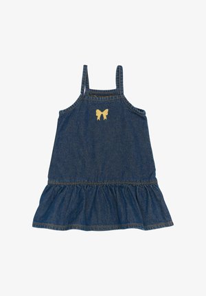 Denim kleit õhukeste rihmadega, volangidega ääres ja kollase broderi kaarega rinnal. Omab klassikalist sinist värvi ja siledat tekstuuri.