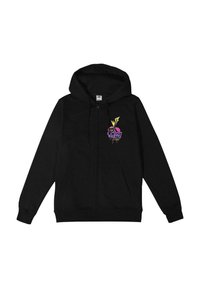 Felpa nera con zip, caratterizzata da una grafica frontale con testo colorato e dettagli. Presenta un ampio cappuccio e due tasche anteriori. Tessuto morbido.