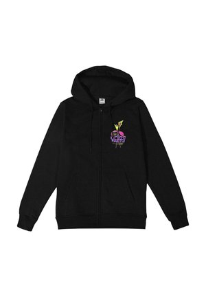 Schwarze Kapuzenjacke mit einem Frontdruck, der bunten Text und Akzente zeigt. Hat eine große Kapuze und zwei Fronttaschen. Weicher Stoff.