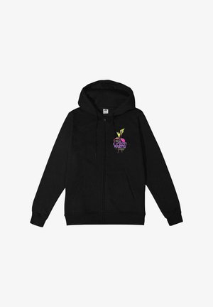 Black zip-up hoodie with a front graphic featuring colorful text and accents. Features a large hood and two front pockets. Soft fabric.