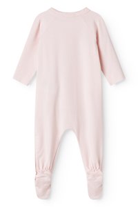Rosa Baumwollbaby-Jumpsuit mit langen Ärmeln, geripptem Ausschnitt und elastischen Bündchen. Hat ein einfaches Design ohne Muster oder Verzierungen.