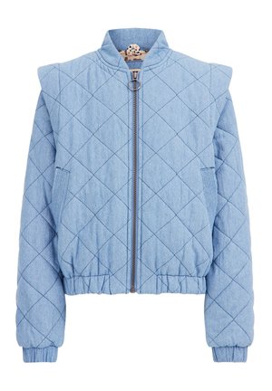 Lyseblå quiltet jakke med diamantmønster, frontlynlås med ringtræk, ribstrikkede manchetter og elastisk talje.