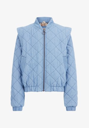 Jasnoniebieska pikowana kurtka z wzorem diamentu, przedni zamek błyskawiczny z pierścieniem, ściągacze na rękawach oraz elastyczny pas.