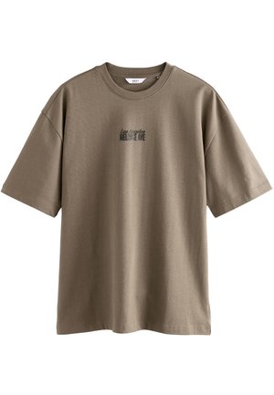 Olivgrünes T-Shirt mit kurzen Ärmeln aus weichem Stoff, vorne mit einem kleinen schwarzen Grafikdruck "Los Angeles MELROSE AVE".