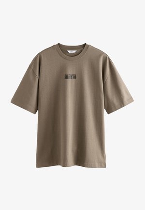 Olivgrünes T-Shirt mit kurzen Ärmeln aus weichem Stoff, vorne mit einem kleinen schwarzen Grafikdruck "Los Angeles MELROSE AVE".