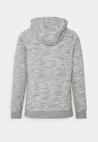 Gray hoodie with a textured, marled pattern. Features a drawstring hood and ribbed cuffs and hem. Back view shows seam detailing.