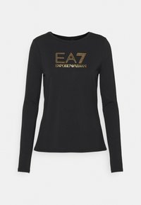 Zwart katoenen shirt met lange mouwen met een gouden straslogo "EA7 EMPORIO ARMANI" op de voorkant. Ronde halslijn, slim fit ontwerp.
