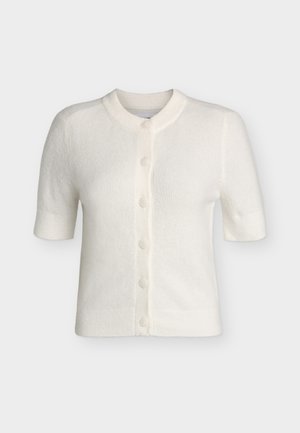 Cardigan bianco a maniche corte con bottoni, colletto, polsini e orlo a costine, realizzato in tessuto morbido e strutturato.