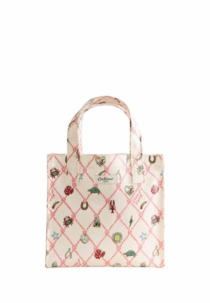 Petit sac cabas crème avec un motif losange rose et des icônes colorées sur le thème de la mer comme des tortues, crabes, homards, coraux et étoiles, avec des poignées courtes.