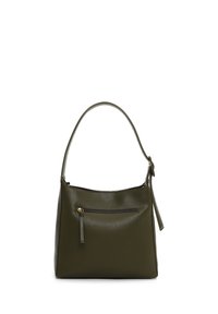 Olive green leather shoulder bag with a wide body, single strap, and a front zip pocket. Smooth texture and minimalistic design.