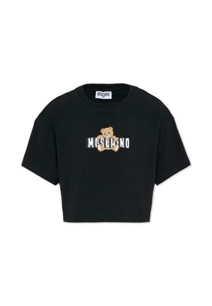 T-shirt nera corta in cotone, con grafica orso e scritta "Moschino" su blocco bianco. Maniche corte e scollo rotondo.