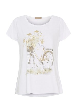 Hvid bomulds T-shirt med rund halsudskæring og korte ærmer, prydet med et guld- og beige cykelgrafik med blomster i en kurv.