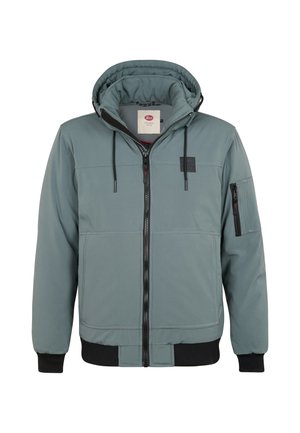 Blue-gray zip-up jacket with hood, black drawstrings, ribbed black cuffs and hem, and a zippered pocket on the left sleeve.