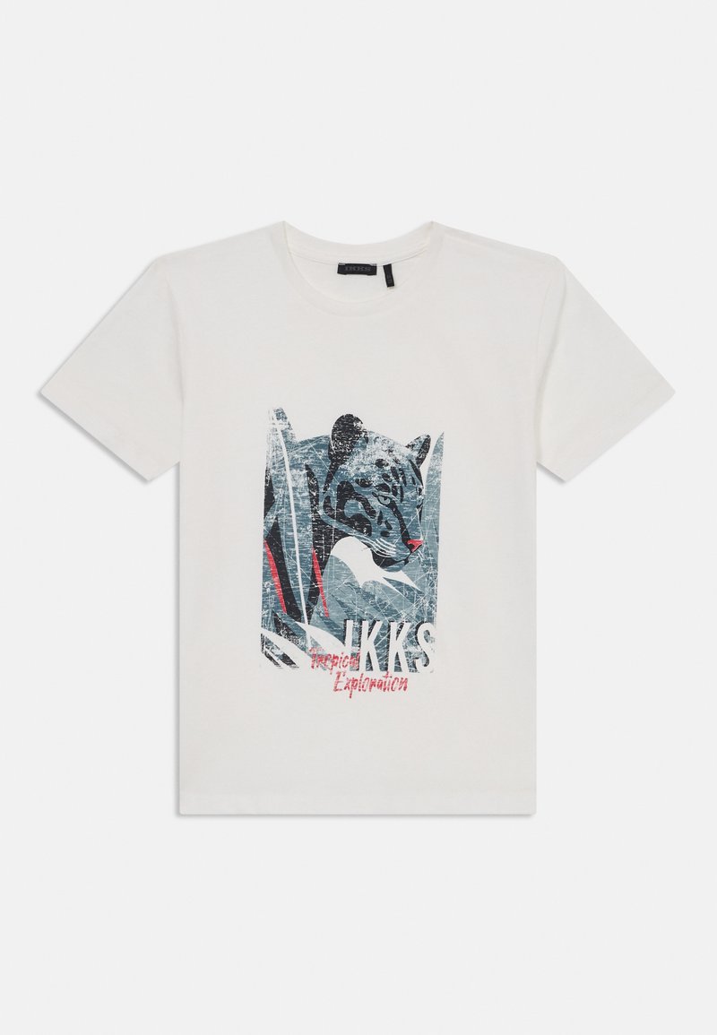 Weißes Baumwoll-T-Shirt mit einem grafischen Druck des Gesichts eines Jaguars in Blau und Schwarz mit roten Akzenten sowie dem Text "IKKS Tropical Exploration."