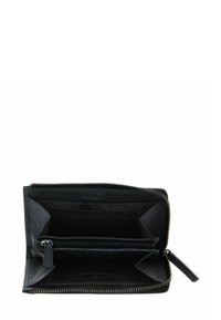Portefeuille en cuir noir ouvert, montrant plusieurs compartiments, y compris une poche zippée centrale et des emplacements pour cartes, avec des dents de fermeture éclair dorées visibles.