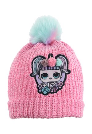 Pink knitted beanie hat with a faux fur pompom, featuring an embroidered doll design with colorful accents and floral details.