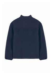 Polaire bleu marine avec un col montant, un tissu texturé et des manches longues. Le dos présente un panneau supérieur lisse.