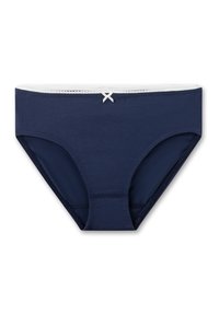 Marineblaue Unterwäsche mit einem weißen Spitzenbesatz an der Taille. Verziert mit einer dekorativen weißen Schleife vorne. Hergestellt aus weichem, flexiblem Material.