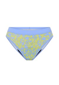 Sous-vêtements bleus et jaunes à motifs, arborant un design ludique avec des visages souriants et des formes abstraites, fabriqués en tissu doux offrant un ajustement confortable.