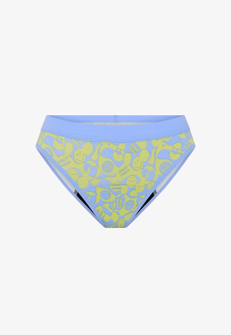 Sous-vêtements bleus et jaunes à motifs, arborant un design ludique avec des visages souriants et des formes abstraites, fabriqués en tissu doux offrant un ajustement confortable.