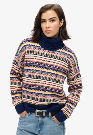 Strick-Turtleneck-Pullover in Marineblau mit mehrfarbigen Streifenmustern in Pink, Gelb und Blau. Rippbündchen und -saum.