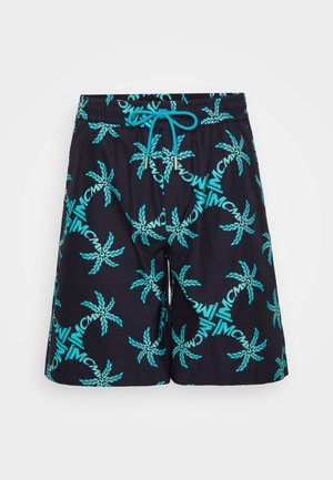 Shorts de bain noirs avec des motifs de feuilles de palmier turquoise et des accents de logo. Taille élastique avec cordon de serrage. Tissu lisse et léger.
