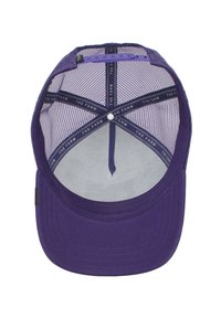 Cappellino in rete viola con visiera arrotondata e strutturata e dettagli in rete interiori. Include una fascia centrale in tessuto e accenti decorativi.