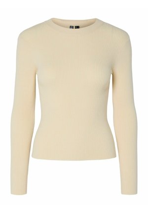 Cream ribbed long-sleeve sweater with a crew neck. Fitted shape with textured fabric. Simple design, no visible patterns or accents.