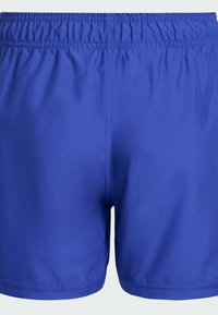 Modré pánské plavkové šortky s elastickým pasem a viditelným prošitím, zobrazené zepředu na jednobarevném pozadí.