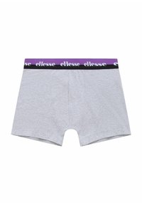 Boxers grises hechos de una tela suave, con una cinturilla de marca en púrpura y negro, con "ellesse" impreso en blanco.