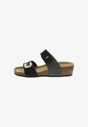 Sandalia de cuña para mujer con suela de corcho, con tiras de cuero negras y grises, hebilla plateada y cierre de velcro en el tobillo.
