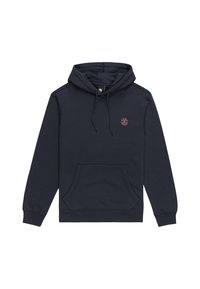 Sudadera azul marino hecha de una tela suave, con un bolsillo frontal, capucha ajustable con cordón y un pequeño logo rojo en el pecho.
