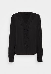 Zwarte blouse met lange mouwen, V-hals en ruches aan de voorkant, met geplooide manchetten.