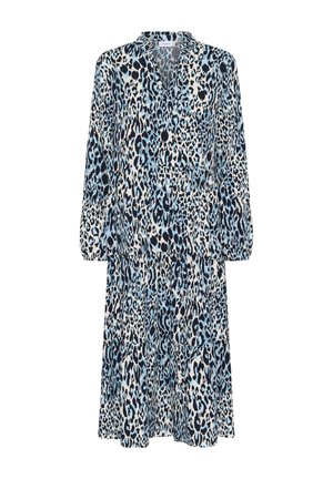 Leopard print dress featuring a blue and black color scheme, long sleeves, a notched collar, and a tiered, flowy design.