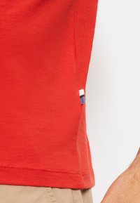 Rotes Baumwoll-T-Shirt mit einer Seitennaht-Akzentuierung und einem kleinen Flaggenpatch in Blau, Weiß und Rot. Glatte Textur, Rundhalsausschnitt.