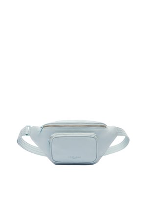 Marsupio in pelle azzurro chiaro con tasca frontale con zip, accessori in argento e una tracolla testurizzata. Design compatto e minimalista per un utilizzo a mani libere.