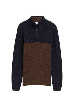 Fél cipzáras kötött pulóver sötétkék felső résszel és ujjal, barna mellrészel, pettyes mintával, valamint bordázott mandzsettával és gallérral.