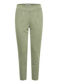 Groene gebreide broek met een soepele textuur, elastische tailleband, slim fit en twee voorplooien. Geen zichtbare zakken of hardwaredetails.