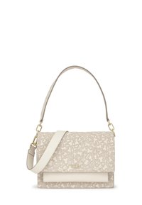 Beige handbag with textured pattern, gold hardware, and a detachable shoulder strap. Features a flap closure and a smooth bottom section.